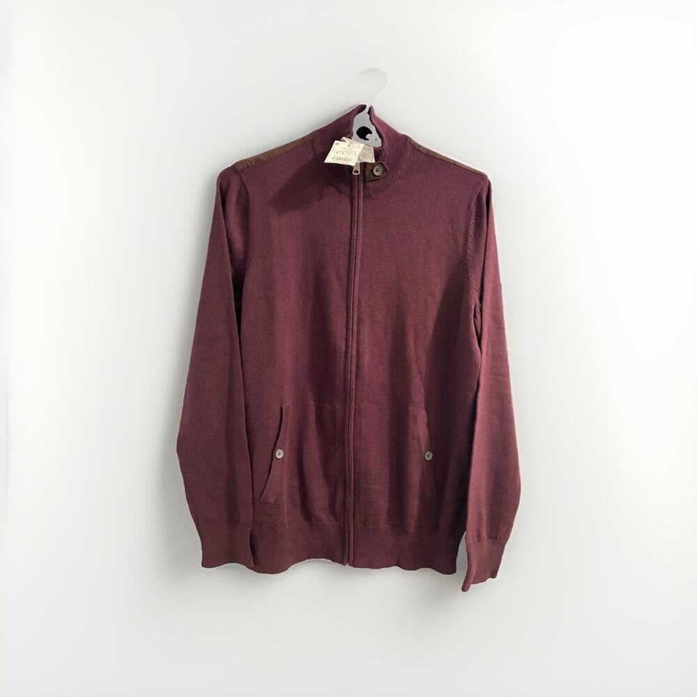 Mens EU Branded SFERA Cotton Crew Neck Burgundy Full Zip Cardigan Jumper Sz Med